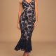 Alluring Dream Navy Blue Floral Mesh Lace Trumpet Midi Dress